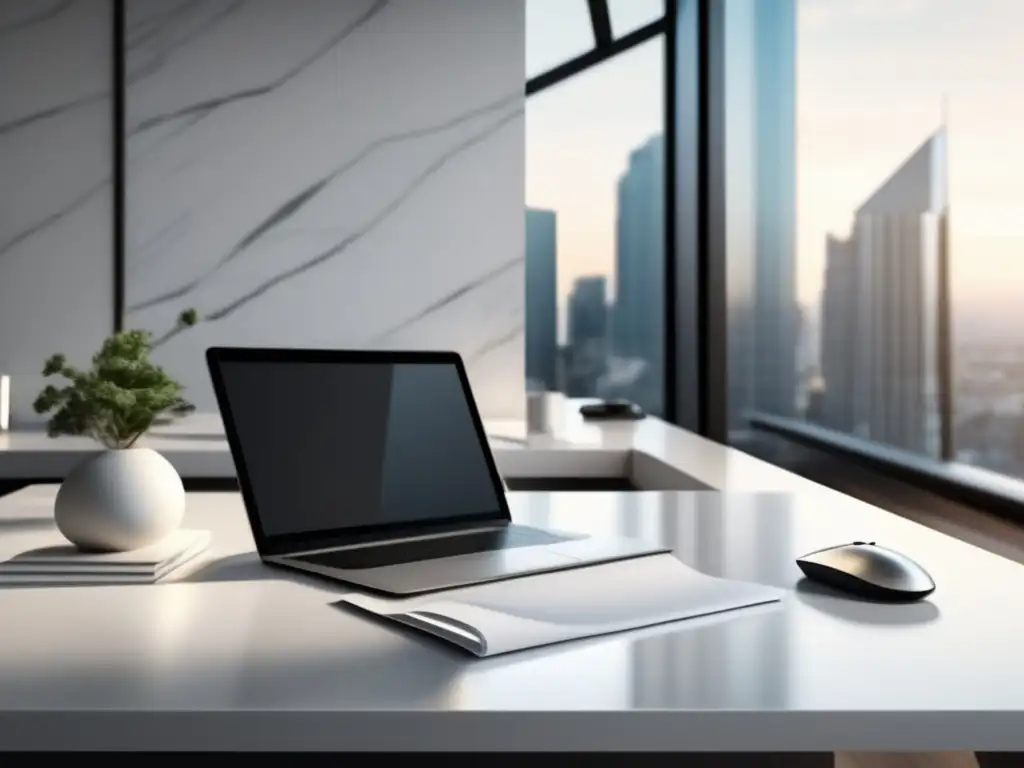 Espacio de oficina minimalista con escritorio de mármol blanco Espacio de oficina minimalista con escritorio de mármol blanco, laptop plateada, mouse inalámbrico y vista a la ciudad