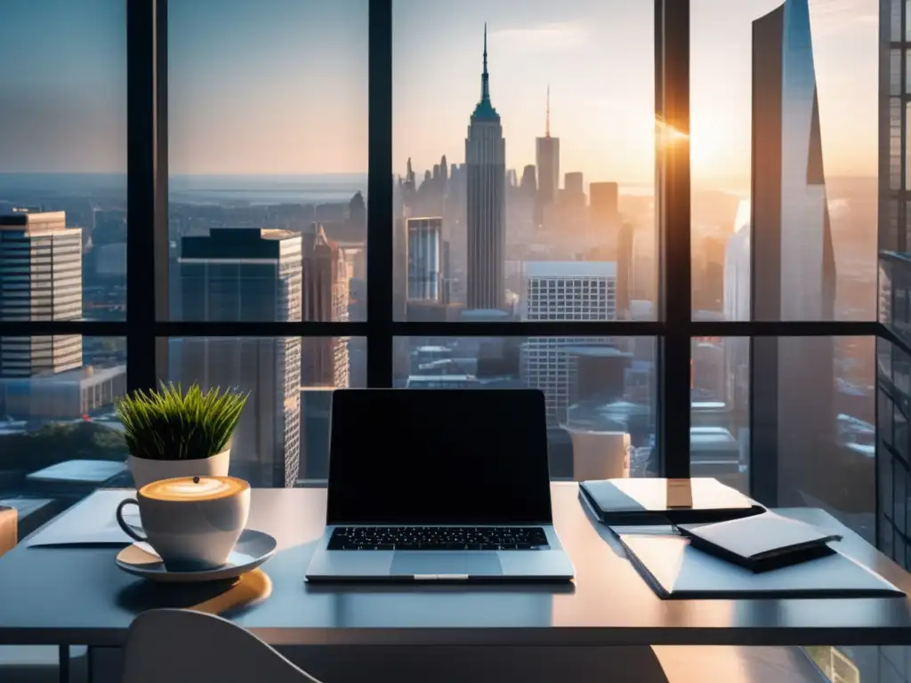 Espacio de oficina minimalista con vista a una ciudad en movimiento Oficina minimalista con vista a la ciudad, estrategias efectivas para aumentar ganancias en marketing de afiliados