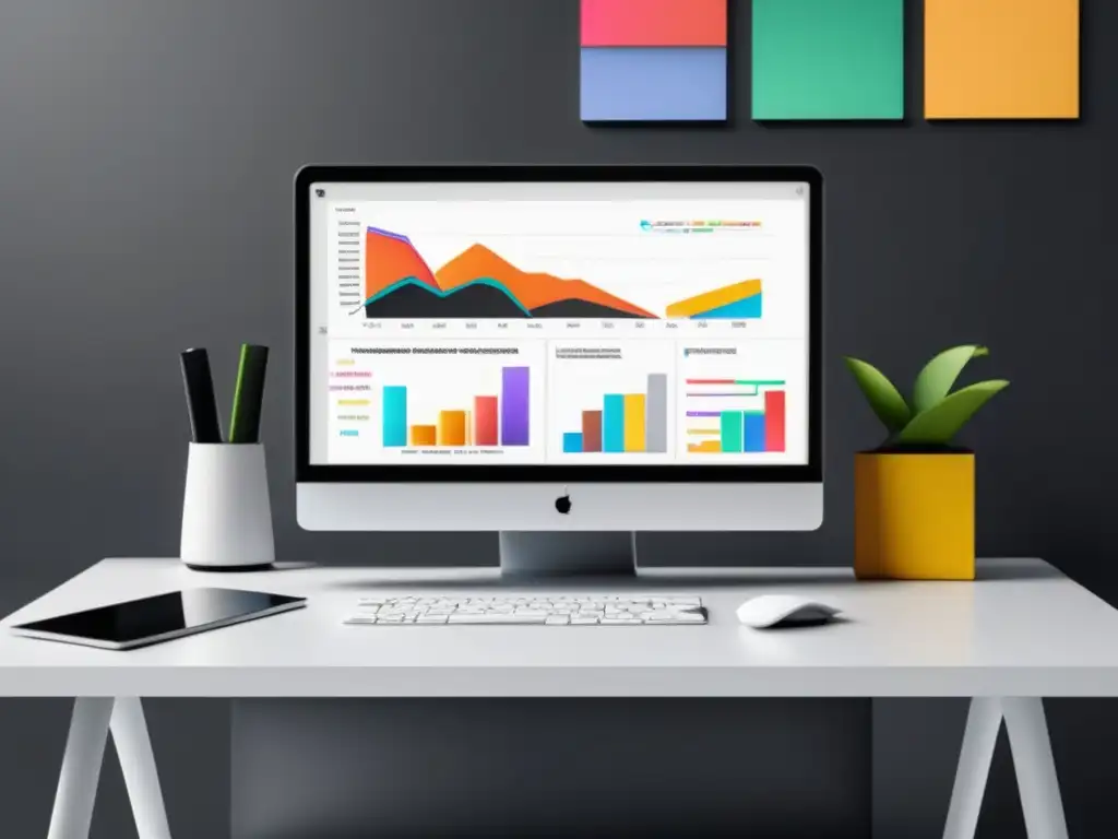 Espacio de trabajo minimalista y moderno Espacio de trabajo minimalista con laptop y herramienta de análisis de palabras clave