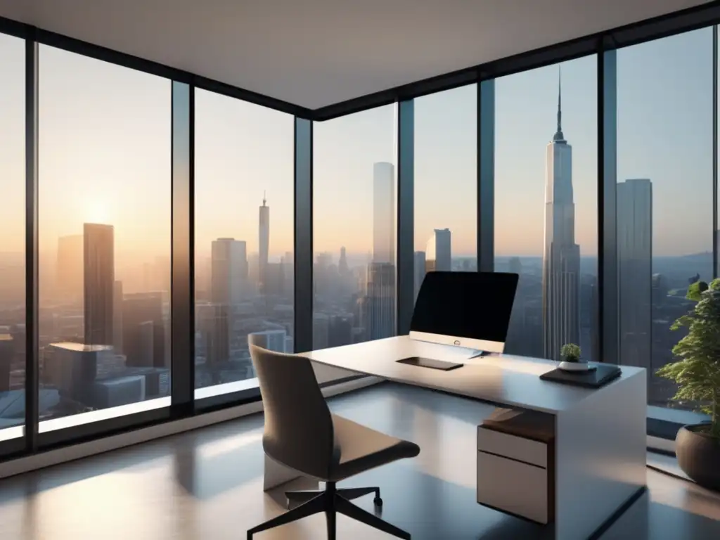 Oficina minimalista con ventanales y vista a la ciudad Moderna oficina con vista a la ciudad, con paredes blancas y ventanales