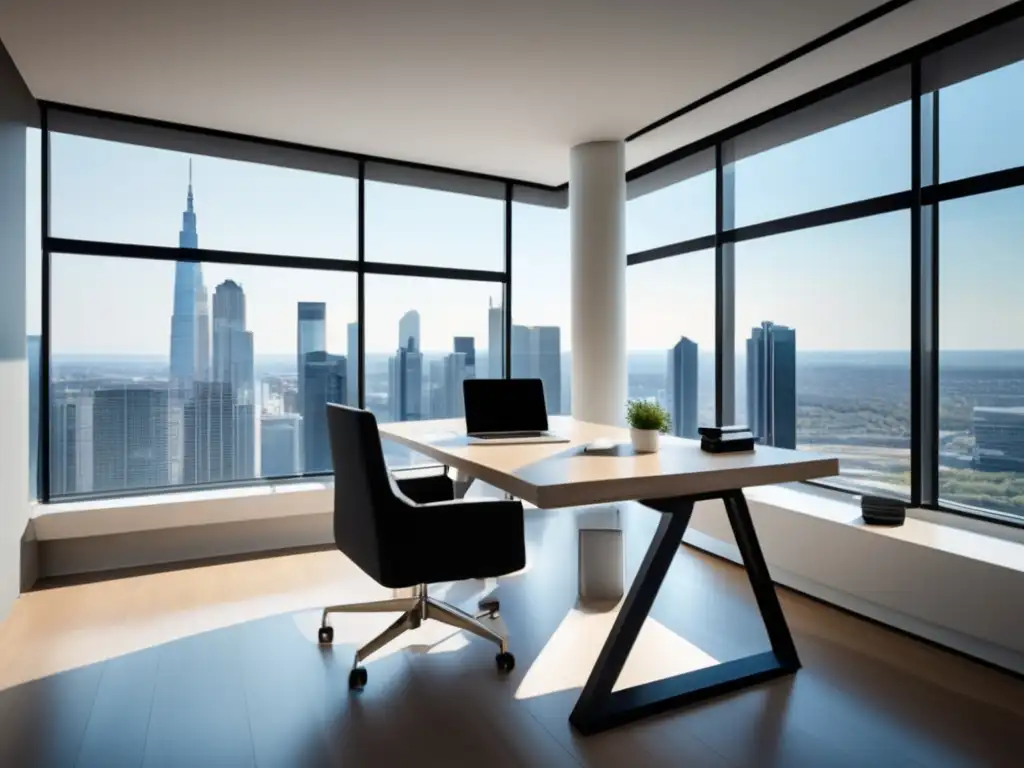 Oficina minimalista con vista a la ciudad Oficina minimalista con luz natural y vista a la ciudad, muestra cumplimiento de leyes y regulaciones del marketing de afiliados