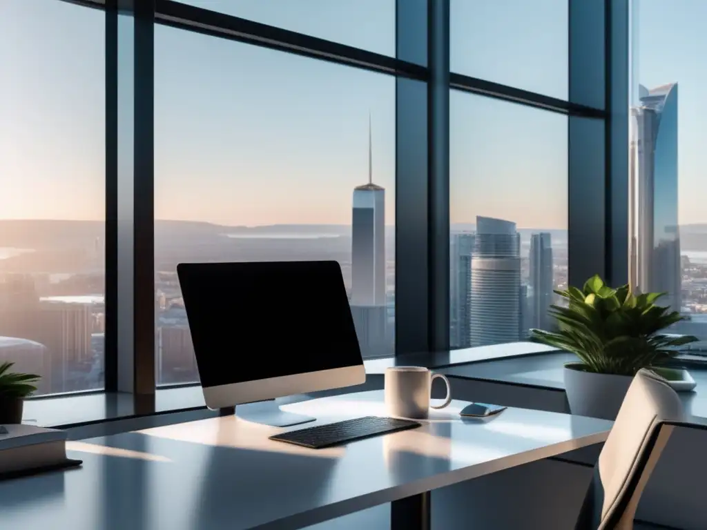Espacio de oficina minimalista con vista ciudad Oficina minimalista con vista a la ciudad: Caso éxito marketing afiliados
