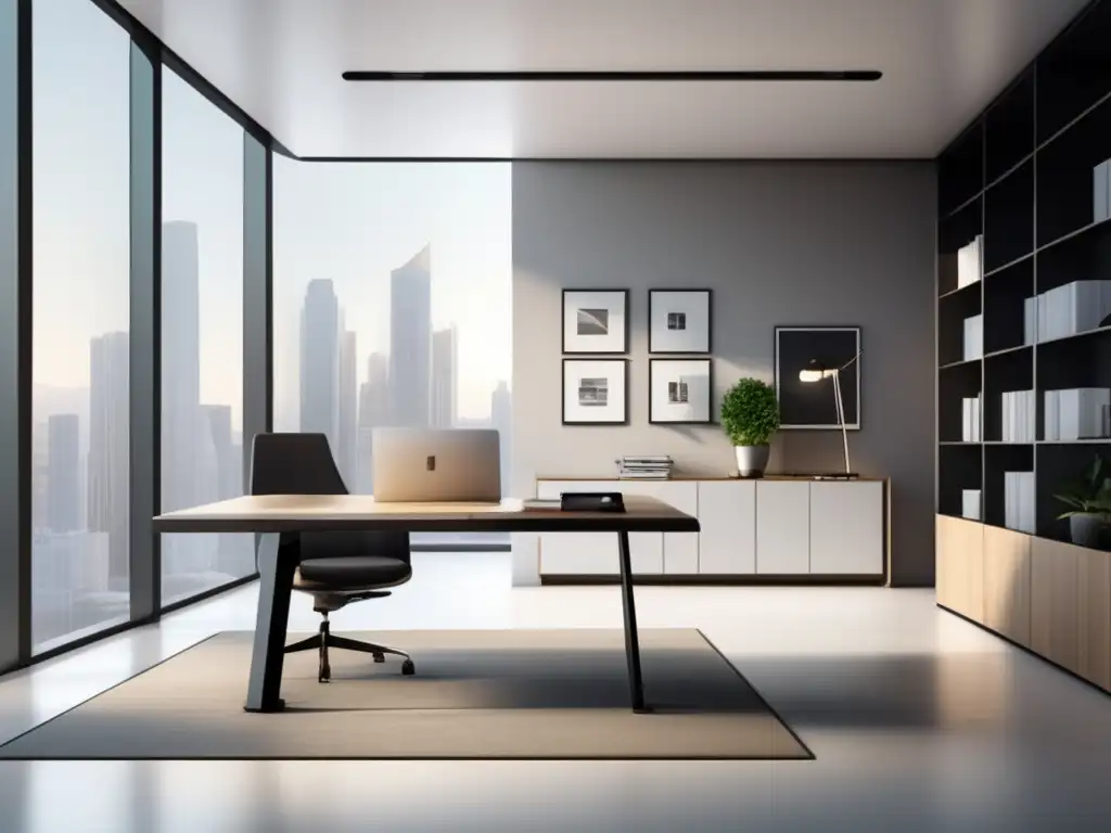 Oficina moderna y minimalista Espacio de oficina moderno con escritorio blanco, análisis de datos y ventajas en marketing de afiliados