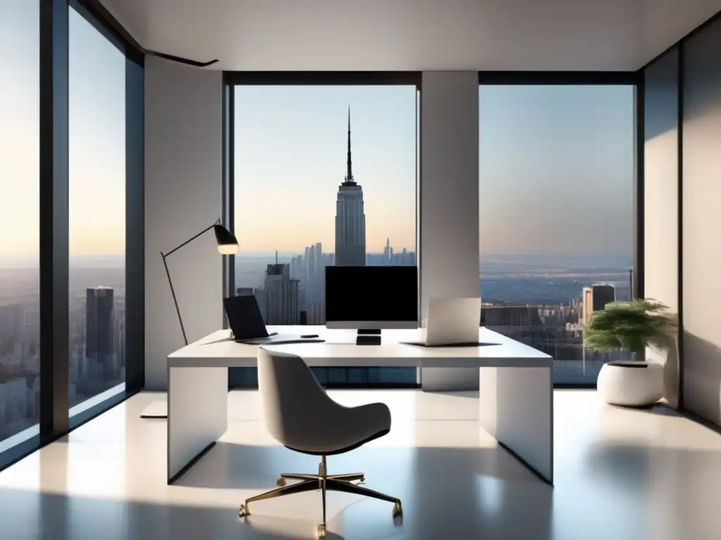 Oficina minimalista con vista urbana Oficina minimalista con vista urbana y estrategias éticas para maximizar ingresos (110 caracteres)