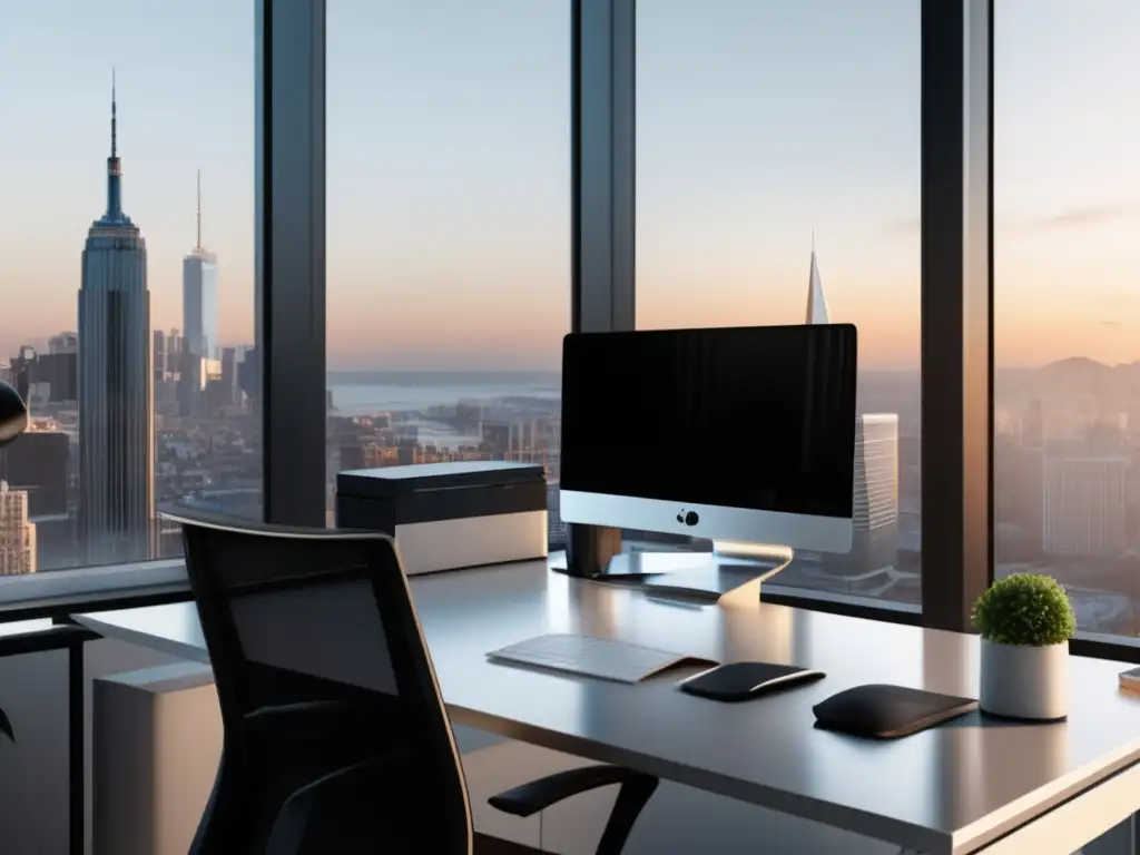 Oficina moderna con vista panorámica Oficina moderna con vistas urbanas, iluminación natural y estilo minimalista (Leyes y regulaciones del marketing de afiliados)