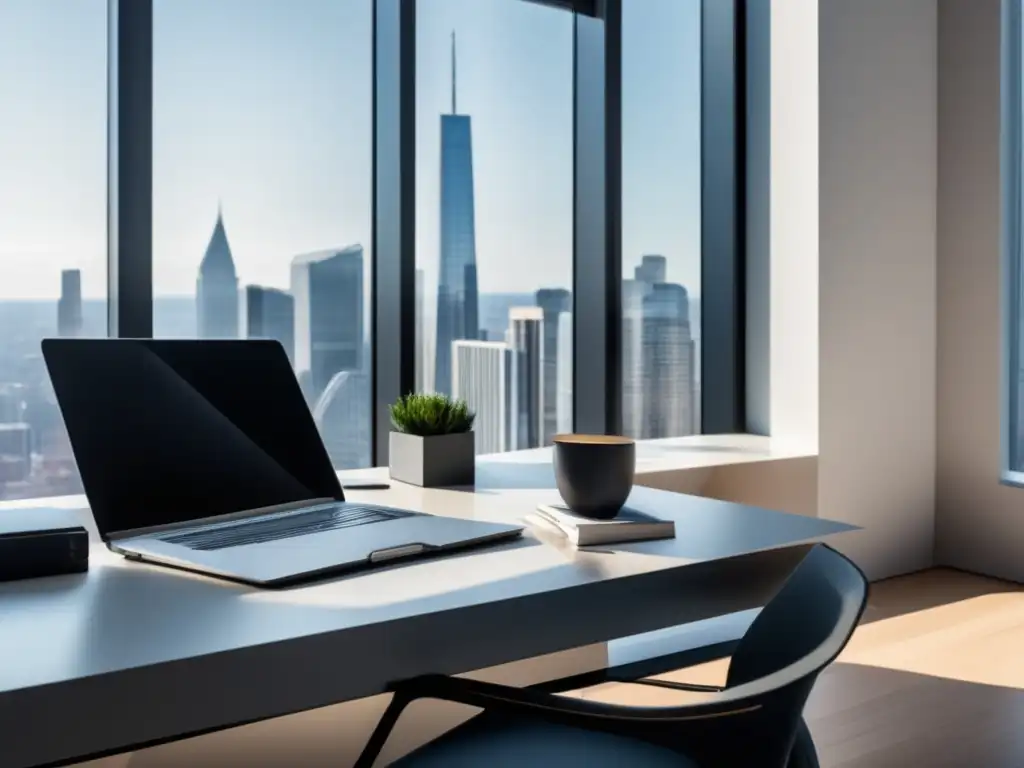 Espacio de oficina moderno y minimalista con vista a la ciudad Oficina moderna con escritorio, silla y vista a la ciudad