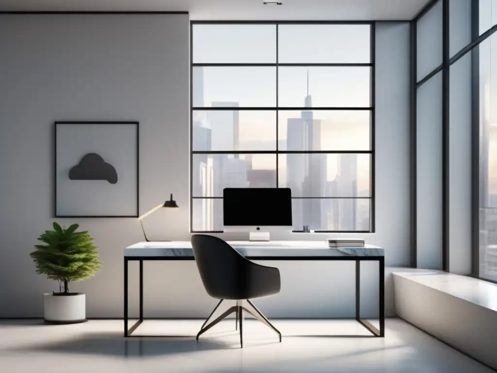 Espacio de oficina minimalista y moderno Oficina moderna con escritorio de mármol blanco, laptop plateada, teclado inalámbrico, ratón minimalista y arte abstracto