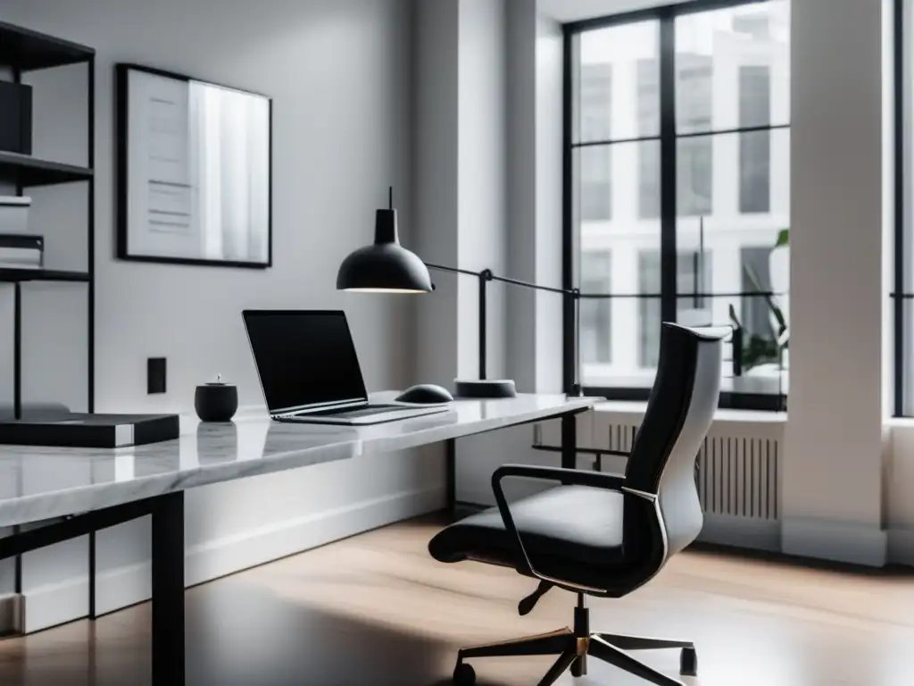 Oficina minimalista con escritorio de mármol blanco y silla de cuero negro Oficina minimalista con escritorio de mármol blanco, lámpara plateada y silla de cuero negro