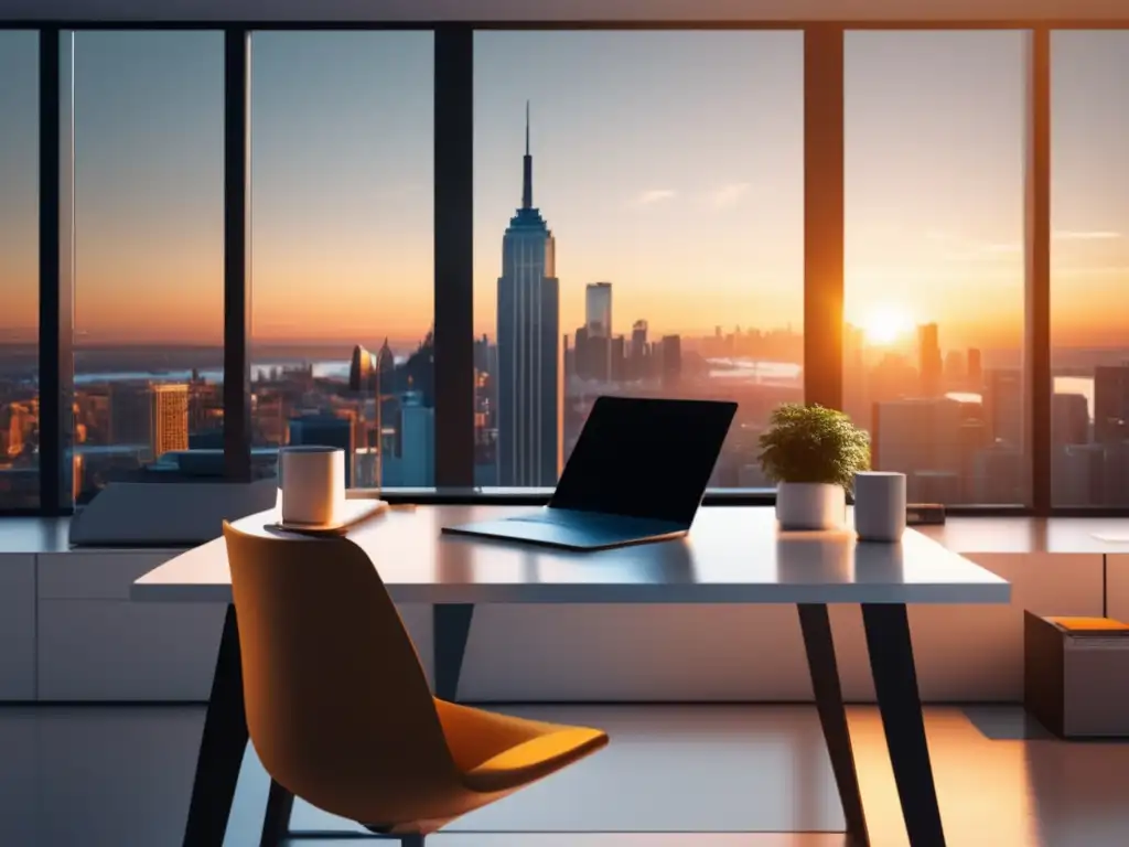 Espacio de oficina moderno y minimalista Oficina moderna con escritorio blanco, laptop y skyline de la ciudad