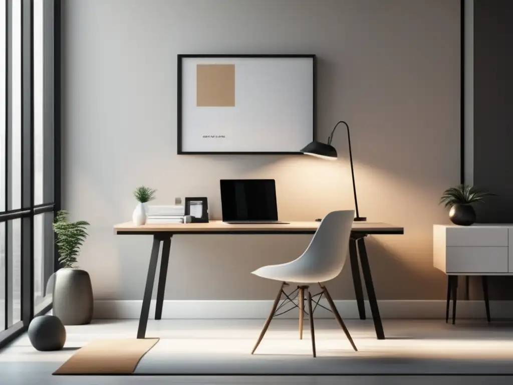 Espacio de oficina minimalista y moderno Oficina minimalista con luz natural y libros de marketing para aumentar la tasa de conversión