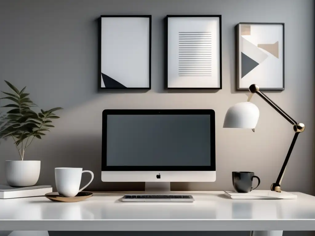 Espacio de trabajo minimalista y profesional Oficina minimalista con escritorio blanco y ordenado, reflejando una estrategia de marketing de afiliados desde cero