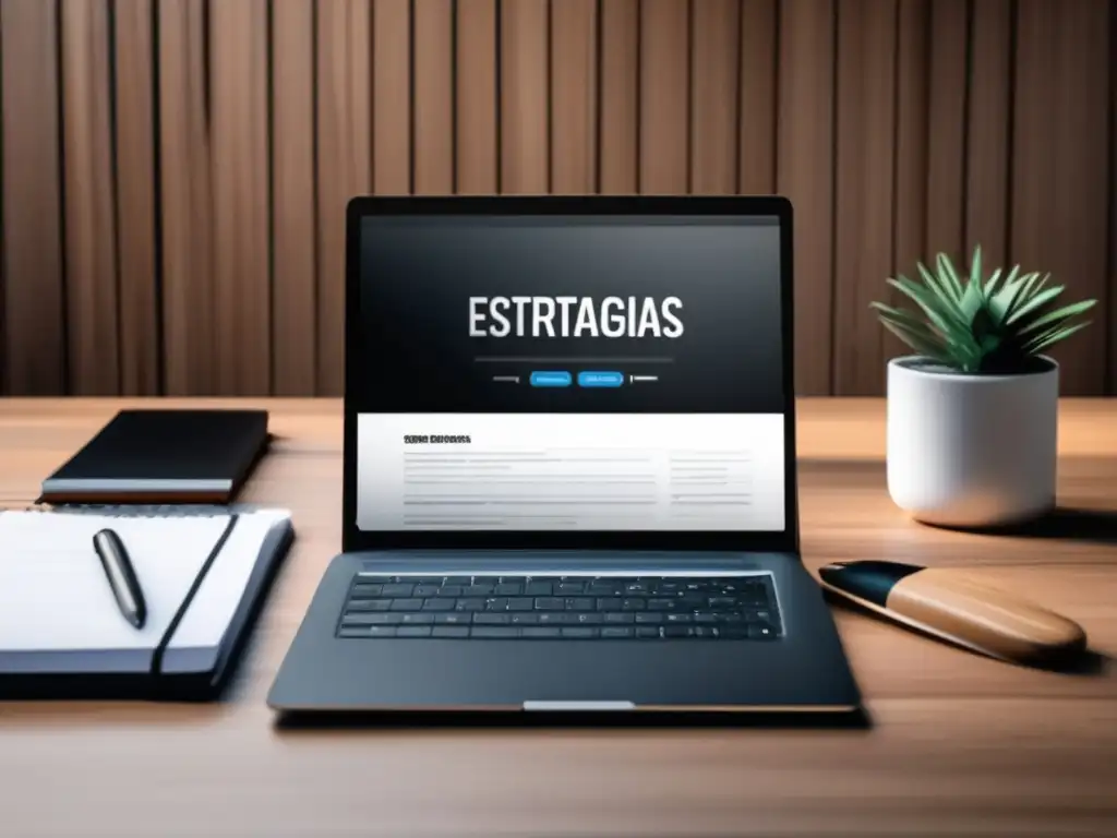 Oficina minimalista con escritorio de madera, laptop y keyword tool resaltando 