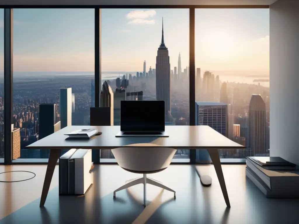 Oficina moderna y minimalista con vista a la ciudad Oficina moderna con escritorio organizado, luz natural y vista de la ciudad