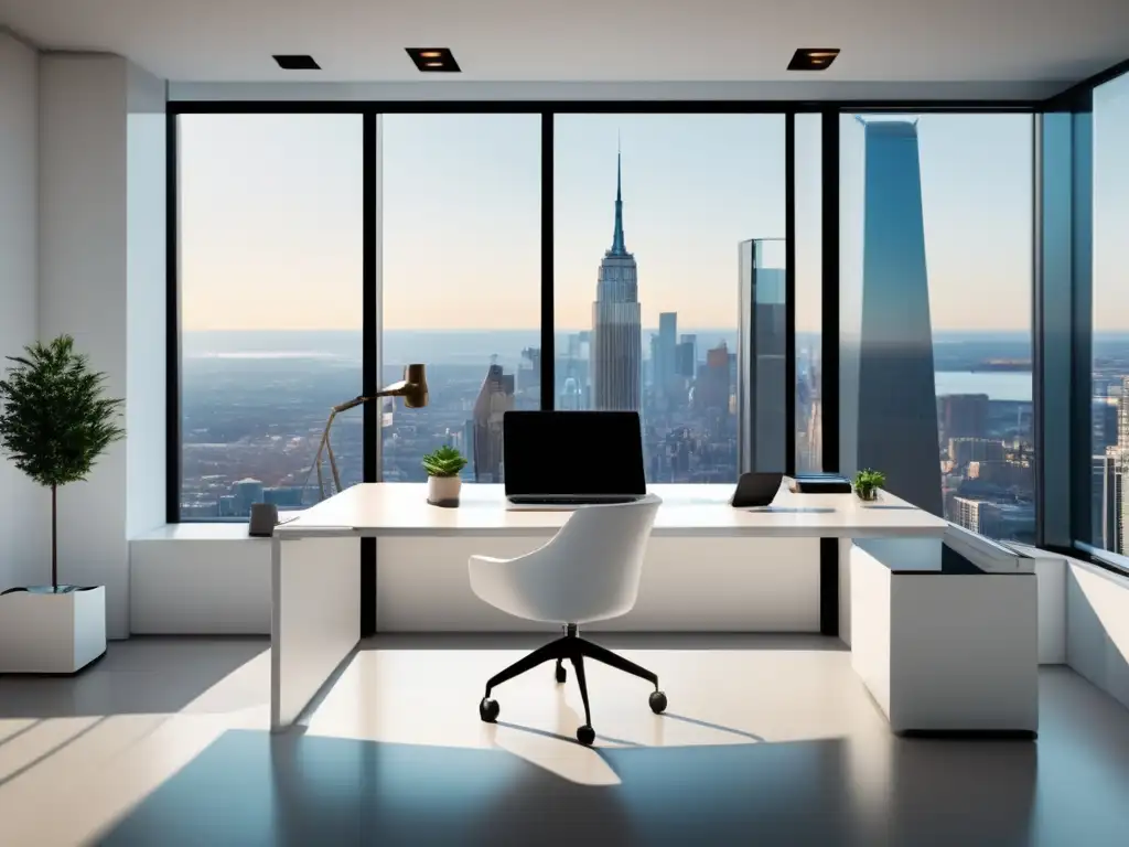 Espacio de trabajo moderno y minimalista Espacio de oficina moderno con muebles blancos y ventanales con vista a la ciudad
