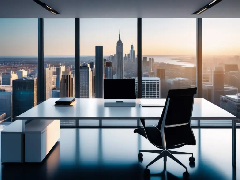 Espacio de oficina minimalista y luminoso para el marketing de afiliados Oficina minimalista con vista a la ciudad, escritorio blanco con laptop y libros de marketing de afiliados, ambiente profesional y productivo