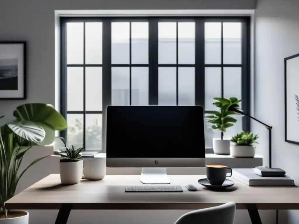 Espacio de trabajo minimalista y productivo Oficina en casa minimalista con escritorio blanco y luz natural - ingrediente secreto en SEO para maximizar ingresos en marketing de afiliados