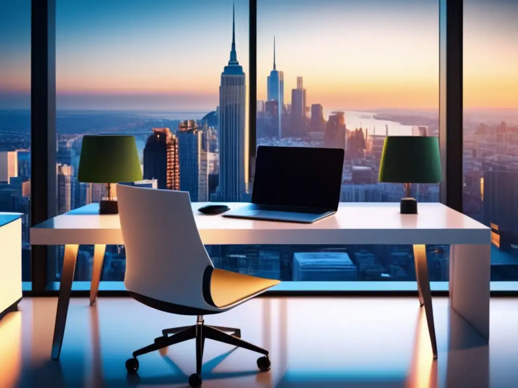 Oficina minimalista con vista panorámica Espacio de oficina con vista panorámica a la ciudad, escritorio blanco amplio con laptop y silla ergonómica