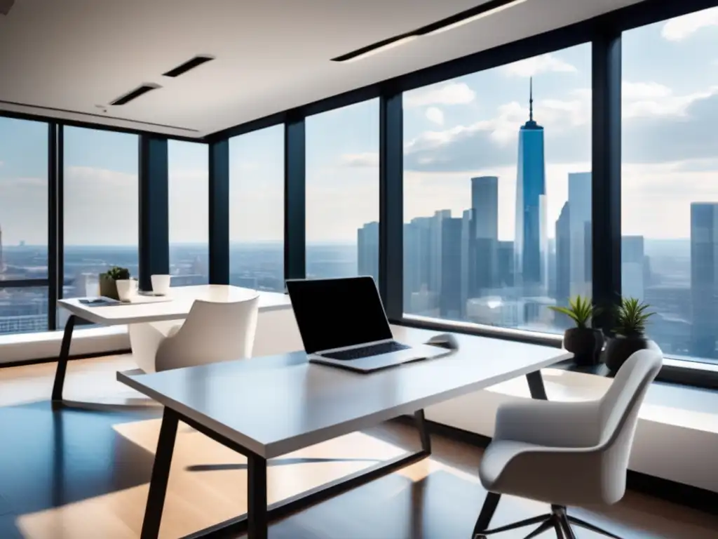 Espacio de oficina minimalista y moderno con vista a la ciudad Oficina moderna y minimalista con mobiliario blanco, vista a la ciudad