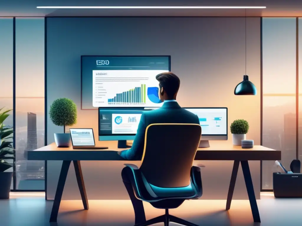 Oficina moderna con SEO en pantalla Espacio de oficina moderno con escritorio elegante, monitor mostrando SEO onpage y persona analizando datos