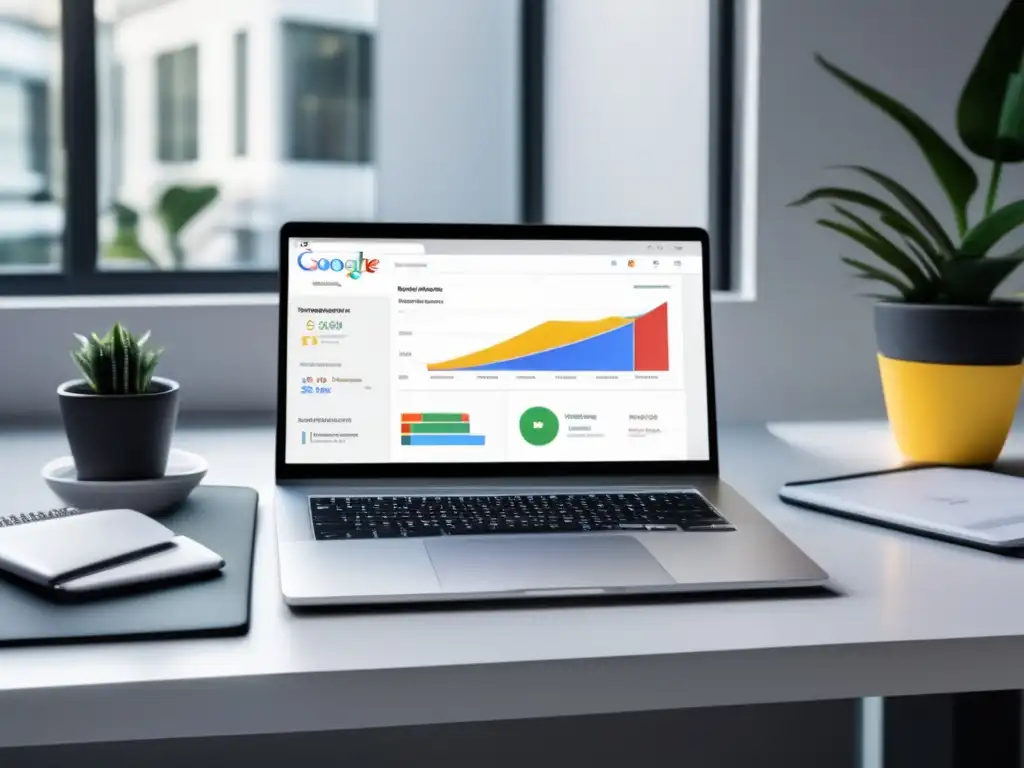 Espacio de trabajo minimalista y eficiente Espacio de trabajo minimalista con laptop plateada, herramientas de afiliados y logos de SEMrush y Ahrefs