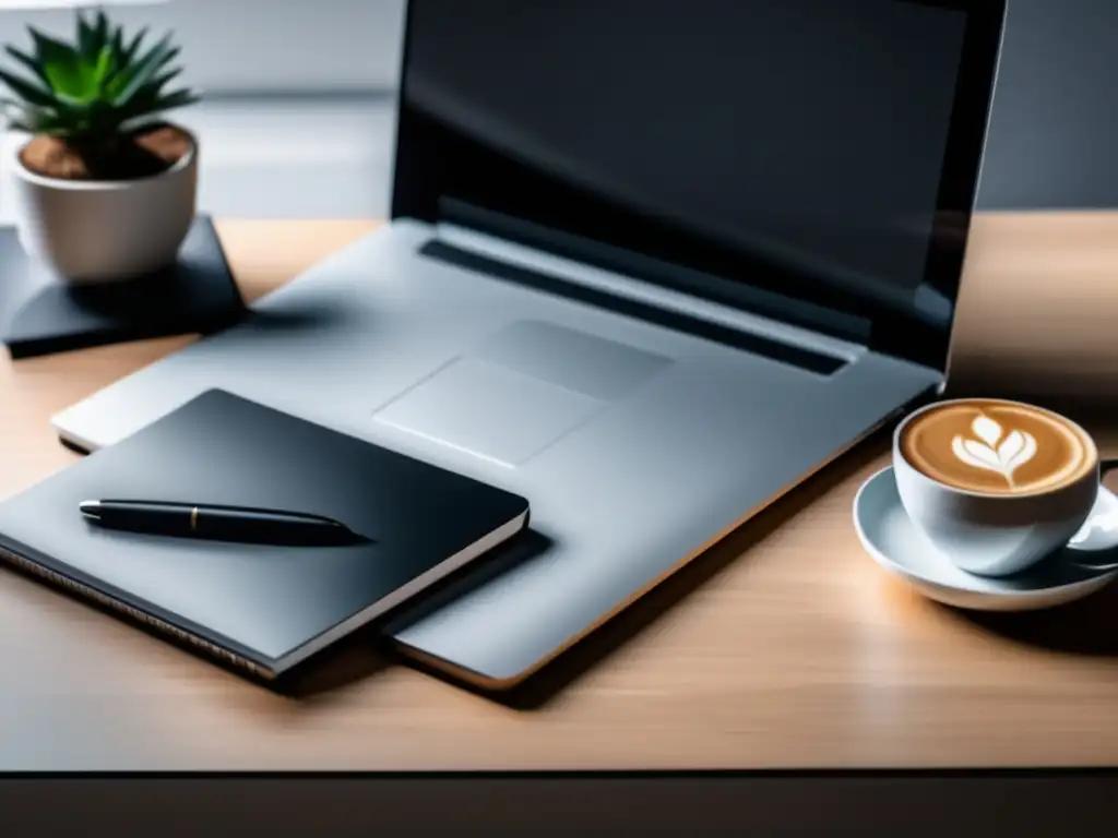 Oficina minimalista: laptop, cuaderno y café Escritorio minimalista y organizado con laptop, notepad y café