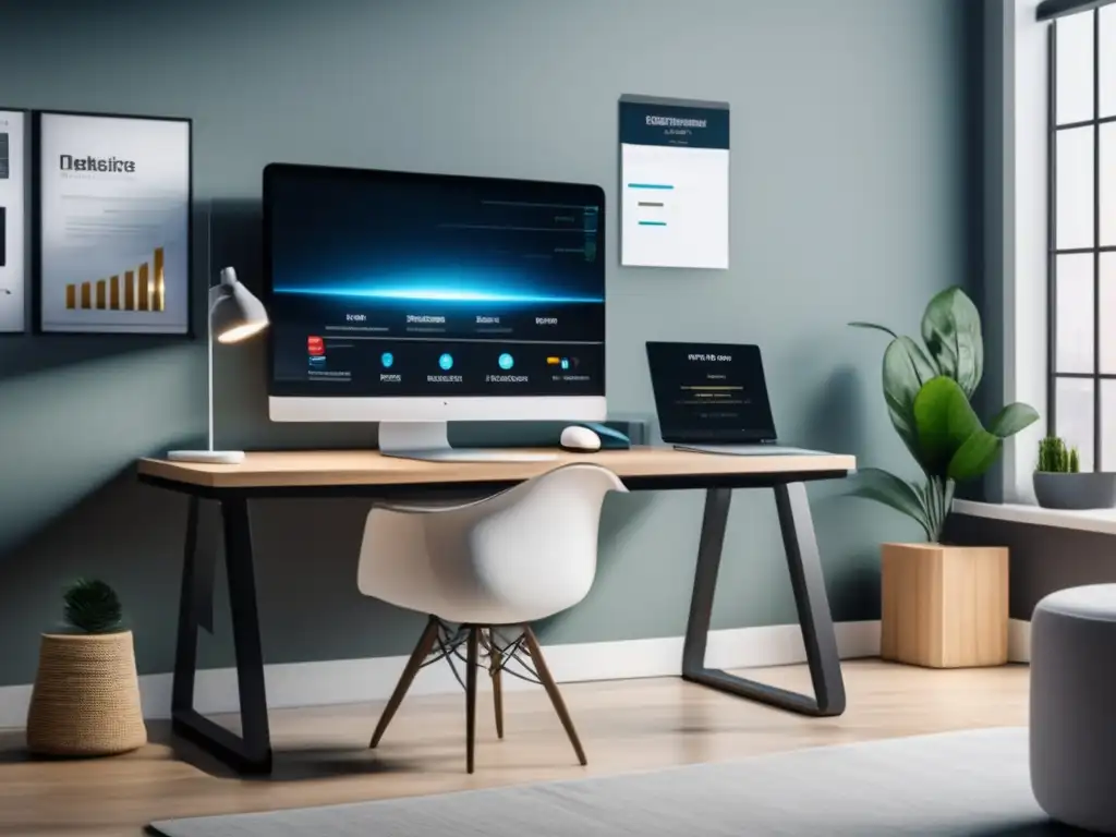 Oficina moderna y minimalista con equipo informático de última generación Oficina moderna con escritorio organizado, pantalla de publicidad PPC y luz natural