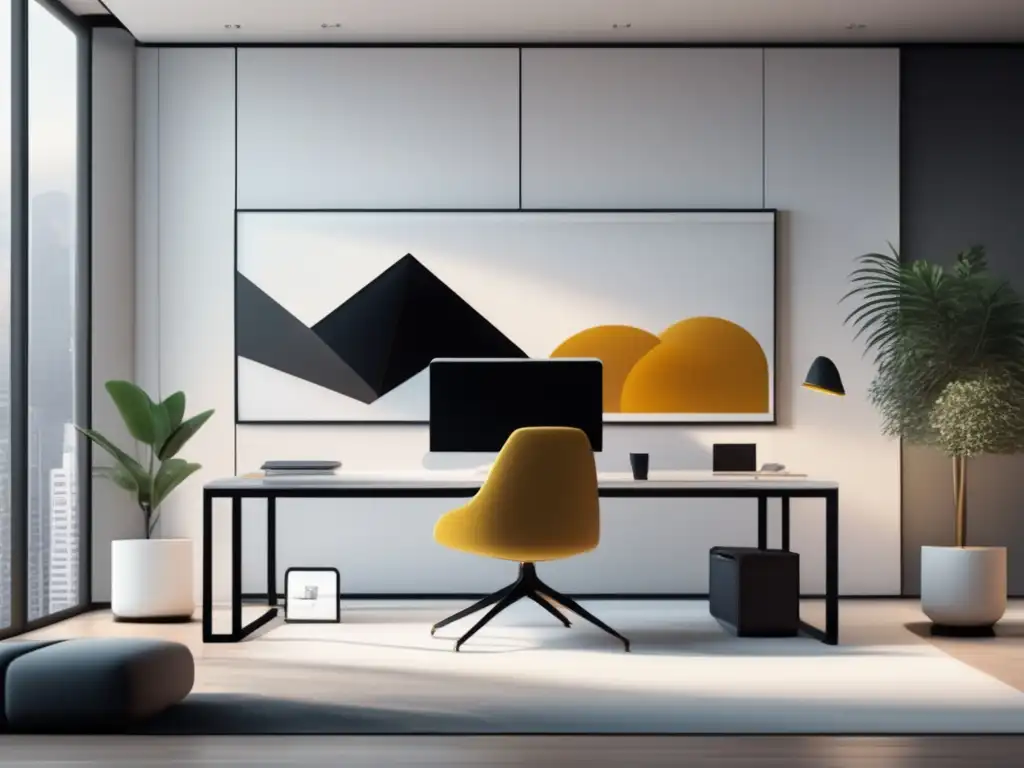 Espacio de oficina minimalista y elegante Oficina minimalista con luz natural y arte abstracto: caso exitoso de optimización de conversiones en el marketing de afiliados