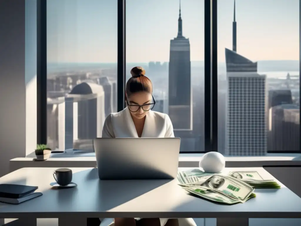 Oficina moderna con muebles blancos y vistas a la ciudad - Oficina moderna y minimalista con muebles blancos y vista a la ciudad, estrategias efectivas de marketing de afiliados