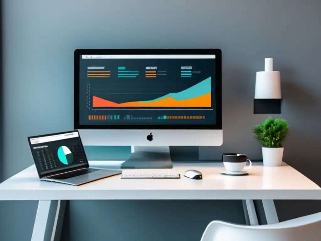 Escritorio minimalista con monitor de datos Espacio de trabajo minimalista con escritorio blanco y monitor de gran tamaño