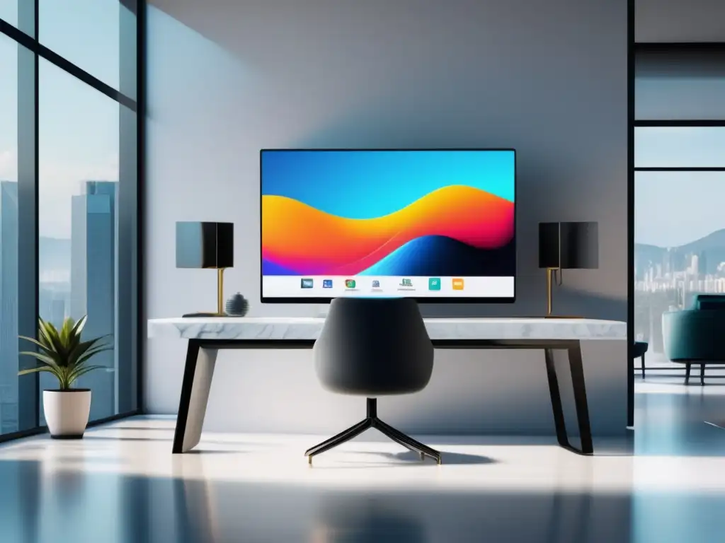 Oficina minimalista y moderna con equipo de alta tecnología Estudio de casos exitosos de afiliados en una oficina minimalista y moderna