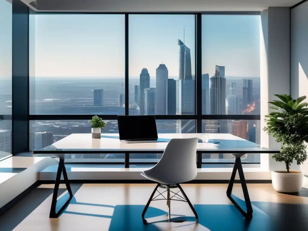 Espacio de oficina moderno y minimalista Oficina moderna con mobiliario blanco y vistas a la ciudad - Estrategias efectivas para aumentar ganancias marketing de afiliados