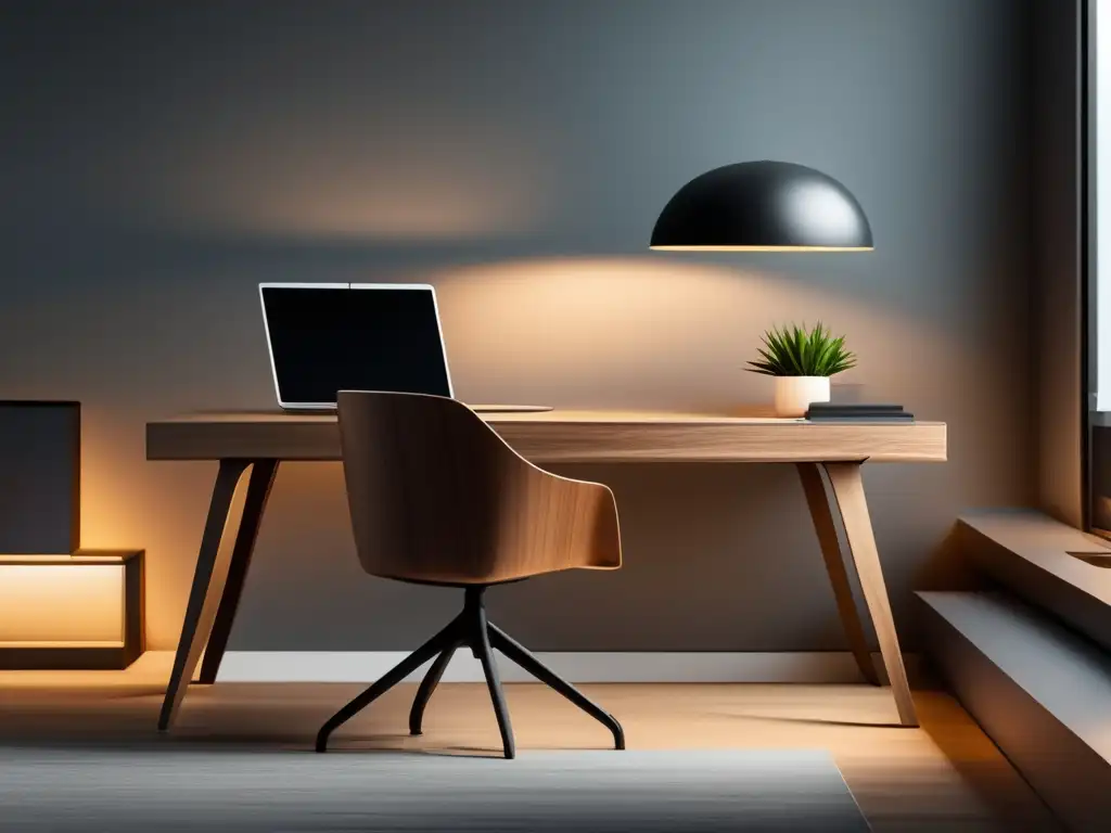 Oficina minimalista y moderna con escritorio elegante y organizado Oficina moderna y minimalista: escritorio de madera pulida, silla contemporánea y lámpara minimalista