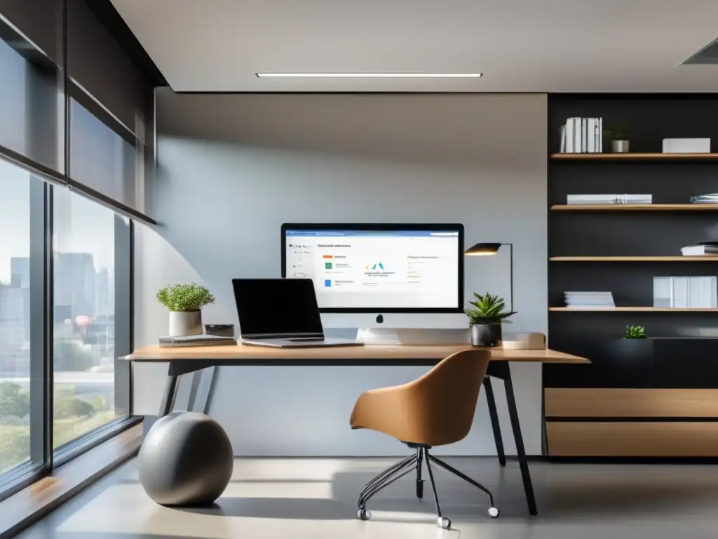 Espacio de oficina moderno y minimalista Oficina moderna con escritorio ordenado y elegante, aumenta tasa de conversión en programa de afiliados