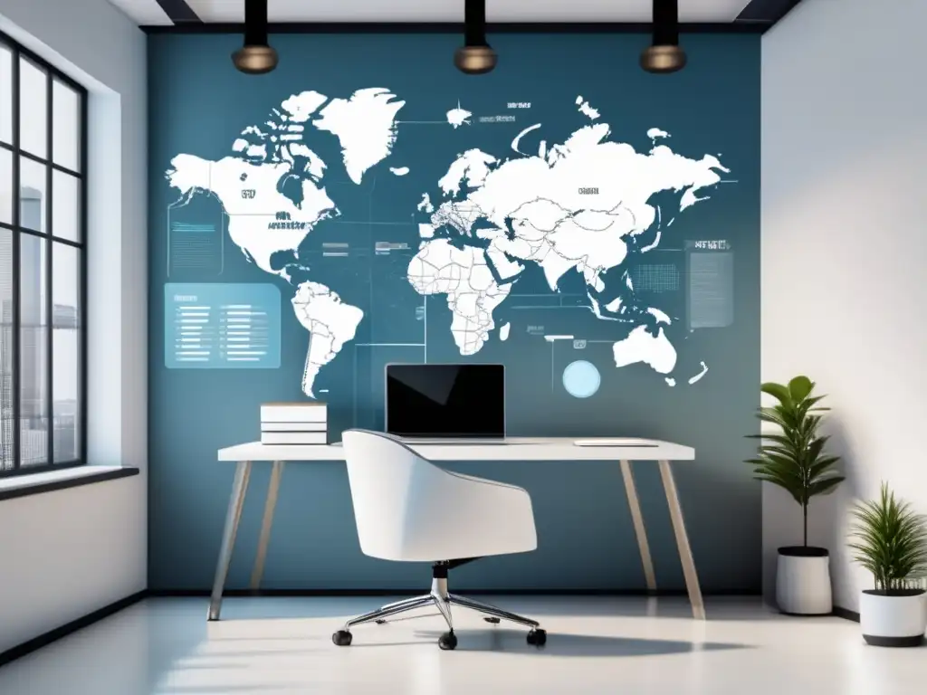 Oficina moderna y minimalista Espacio de oficina moderno y minimalista con escritorio blanco, monitor de gráficos de marketing de afiliados y decoración inspiradora