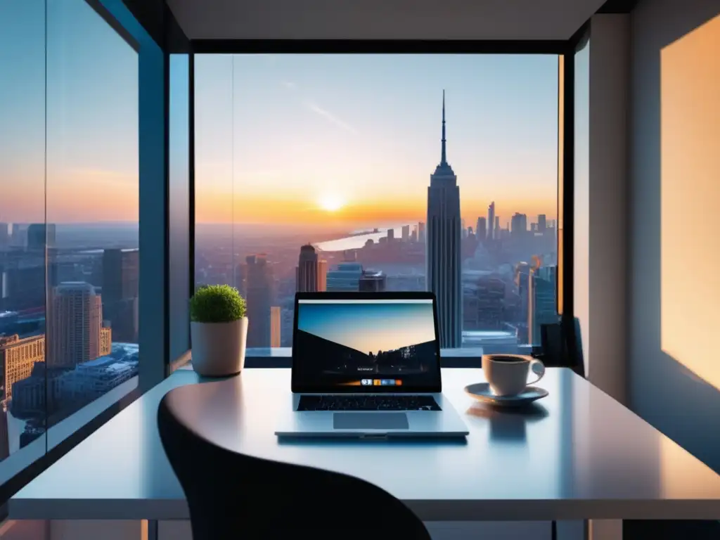 Oficina moderna con vista a la ciudad y escritorio organizado Oficina minimalista con vista a la ciudad y principios éticos del marketing de afiliados
