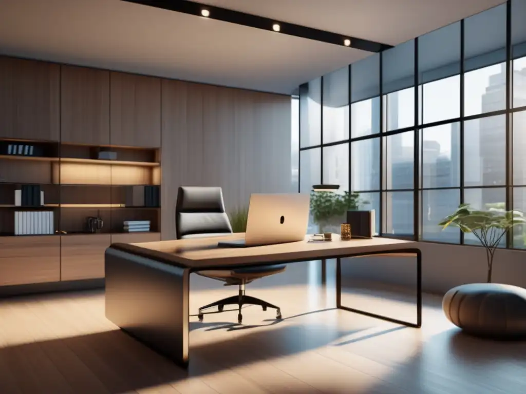 Espacio de oficina moderno y minimalista Oficina moderna con luz natural, escritorio minimalista y estrategias de contenido para marketing de afiliados