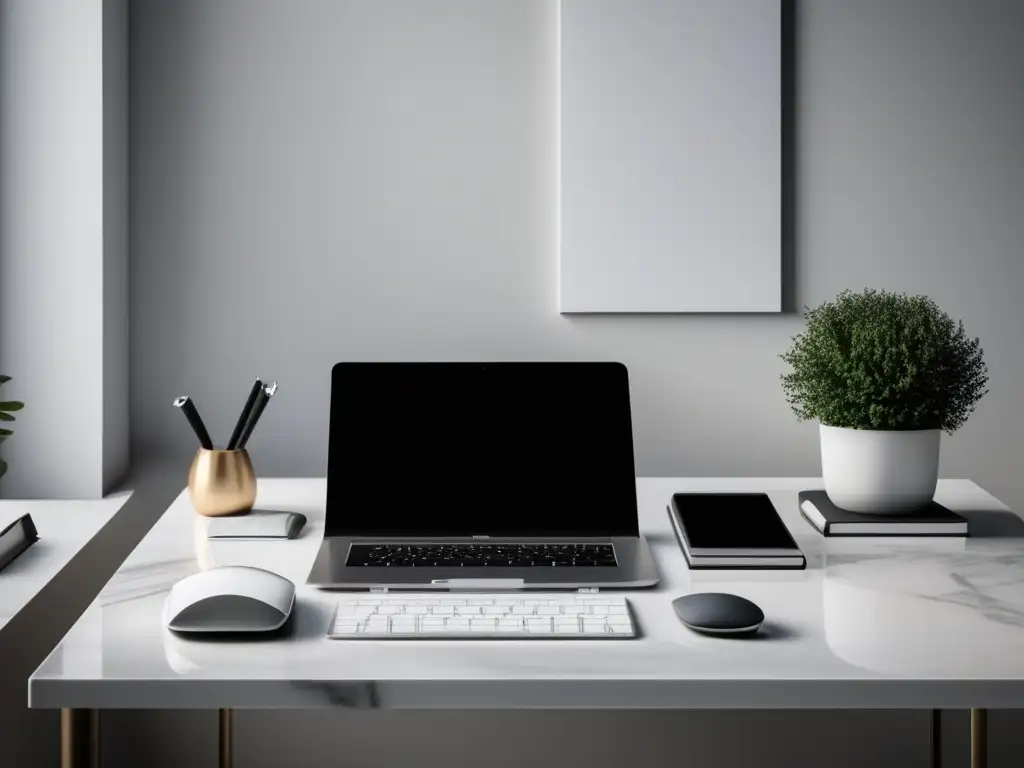 Oficina moderna y minimalista Oficina moderna con escritorio de mármol blanco, laptop plateada, teclado inalámbrico y ratón minimalista