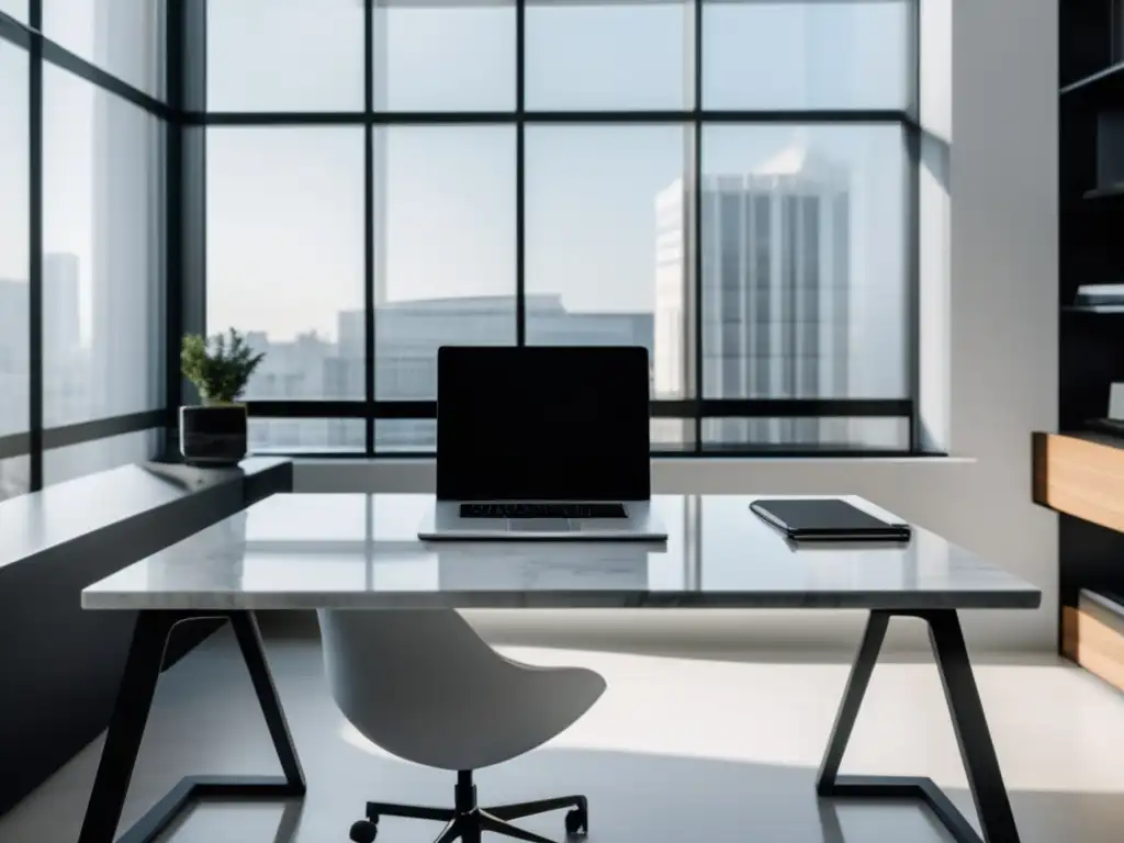 Oficina moderna con escritorio de mármol blanco, laptop, papeles y vista de la ciudad
