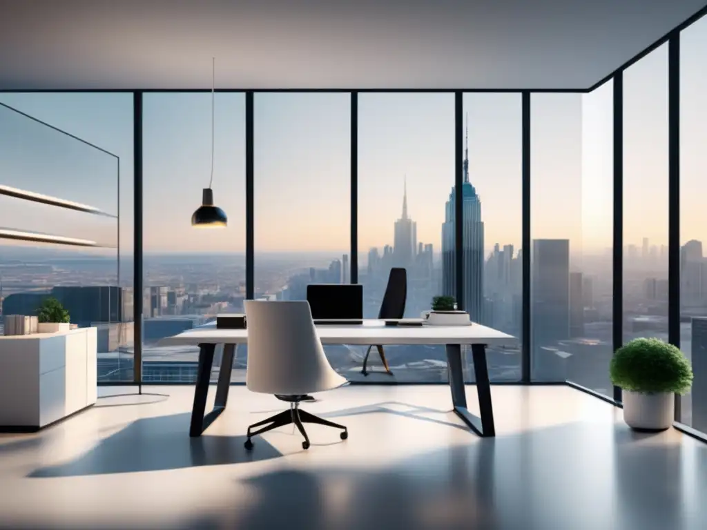 Oficina minimalista con vista panorámica Estrategias de optimización en marketing de afiliados - Oficina moderna y minimalista con vista panorámica a la ciudad