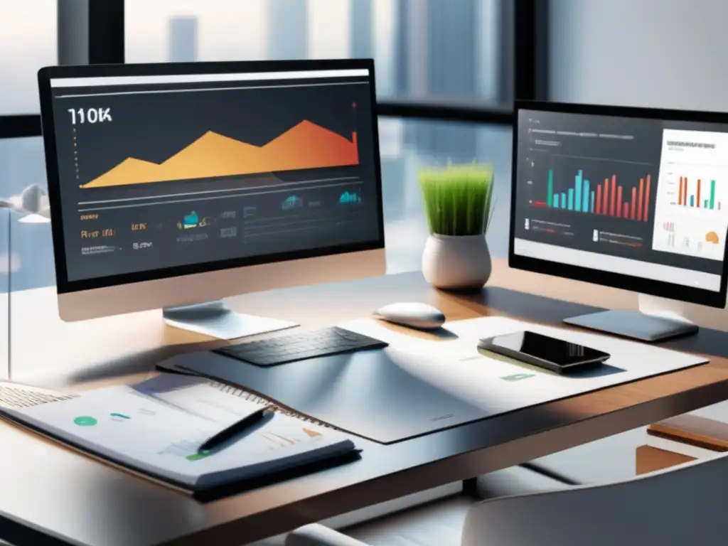 Escritorio minimalista y moderno con laptop y gráficos Oficina moderna con escritorio minimalista y laptop: estrategias de contenido y SEO para el marketing de afiliados
