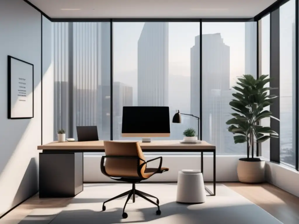Oficina moderna y minimalista con estrategia de marketing de afiliados Espacio de oficina moderno con paredes blancas y ventanales, escritorio blanco minimalista, silla ergonómica cómoda, laptop y plantas