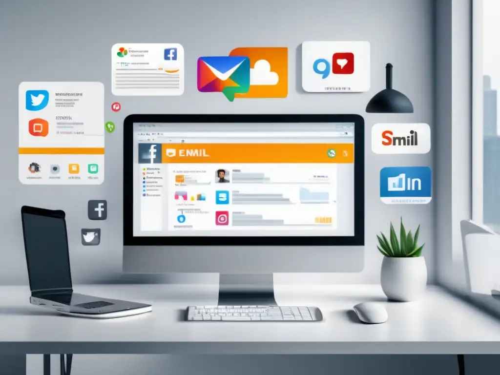 Oficina moderna y minimalista con escritorio blanco, monitor social media, laptop email marketing, tablero colaborativo