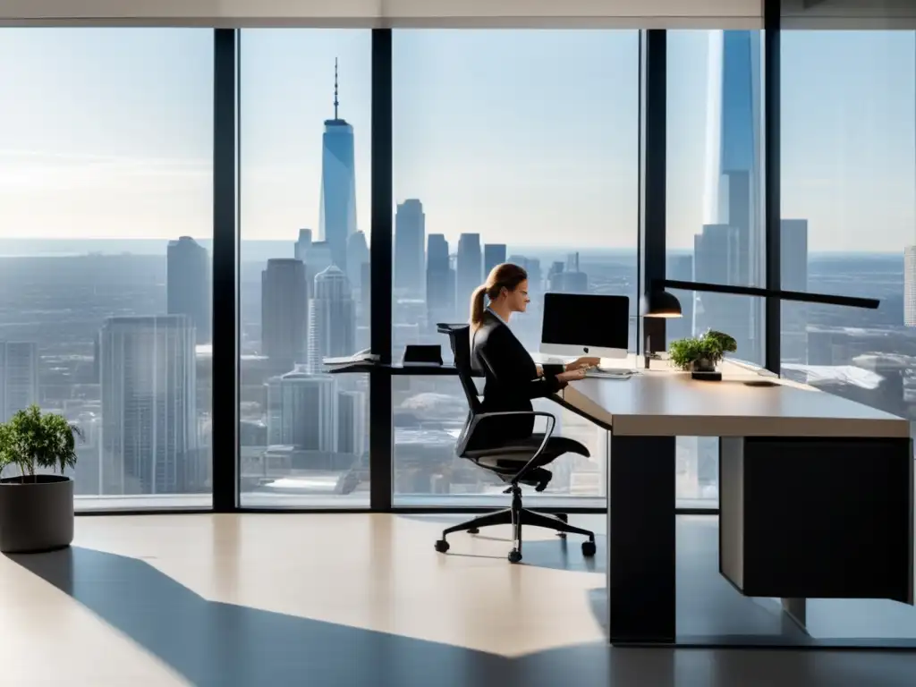 Oficina moderna con vista a la ciudad Oficina moderna con vista a la ciudad, diseño minimalista, luz natural