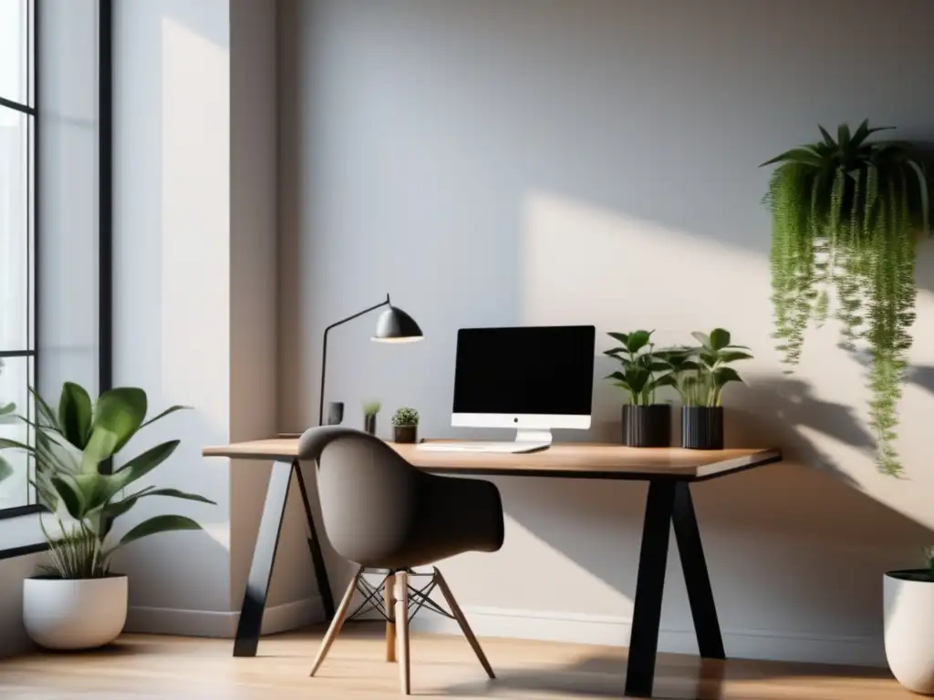 Espacio de oficina minimalista y moderno con escritorio elegante Espacio de trabajo moderno y minimalista, generando ganancias desde cero en el marketing de afiliados