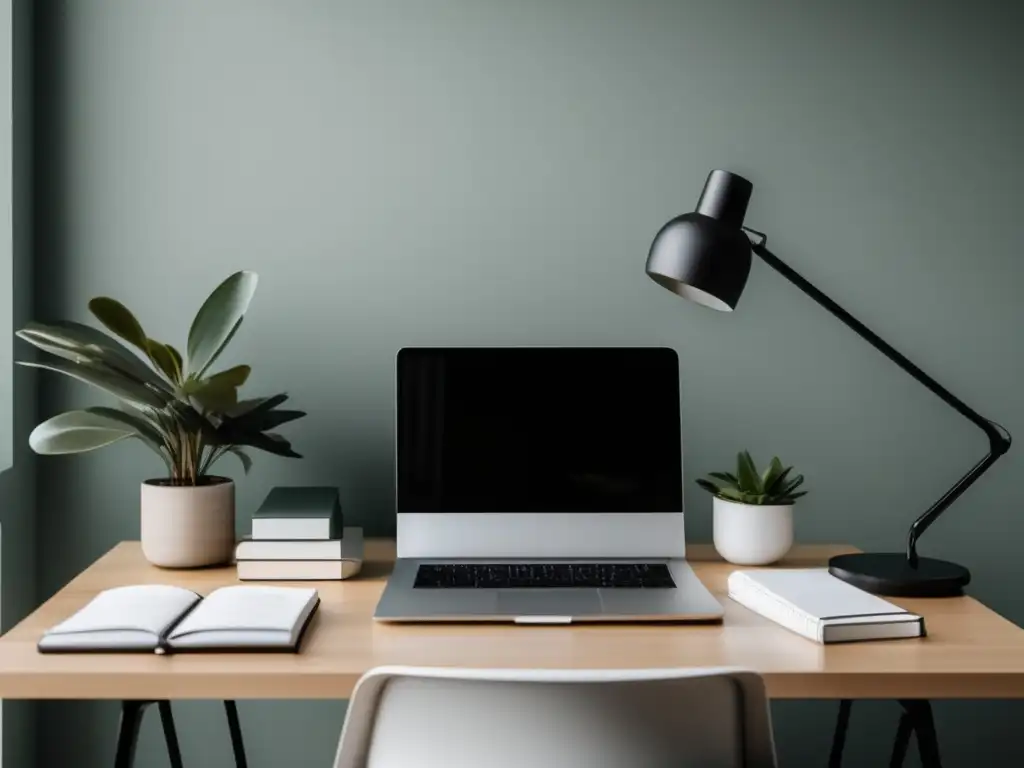 Un espacio de oficina moderno y minimalista - Oficina moderna y minimalista, con luz natural, escritorio elegante, libros organizados, ¡ética en el marketing de afiliados!