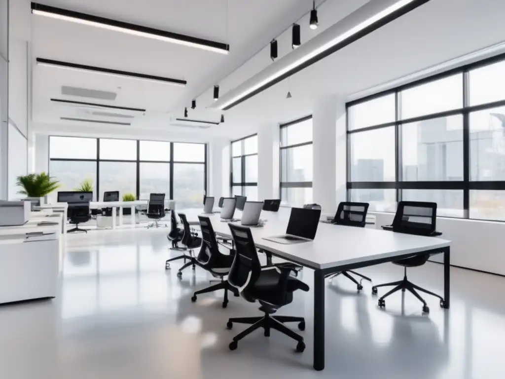 Espacio de oficina minimalista y luminoso Espacio de oficina minimalista con escritorios blancos y sillas ergonómicas, luz natural, laptops y un plan de marketing estratégico