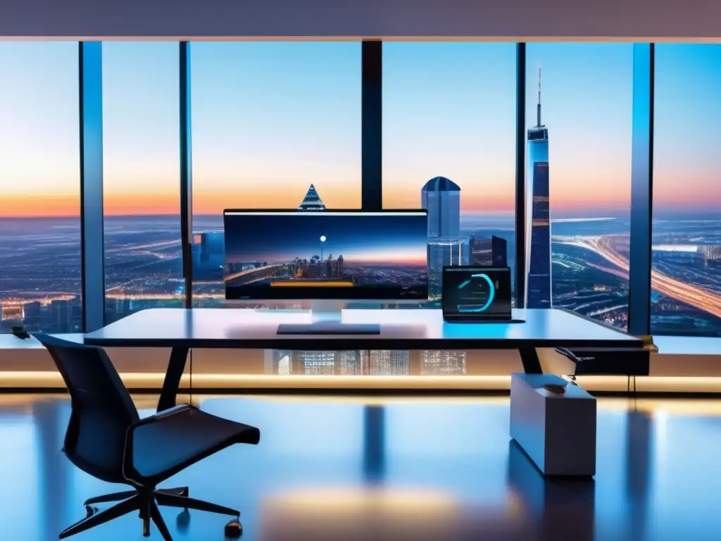 Espacio de trabajo moderno con vistas a la ciudad Espacio de trabajo minimalista con vista panorámica a la ciudad y herramientas de conversión en marketing de afiliados