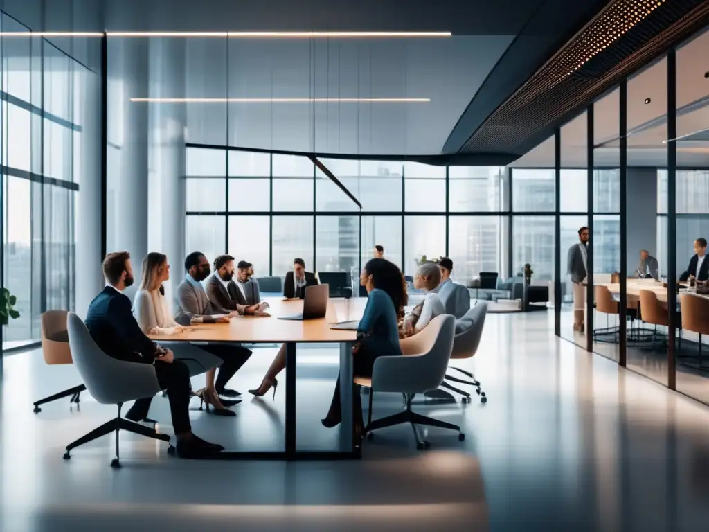 Oficina moderna con transparencia y profesionalidad Oficina moderna con paredes de vidrio, luz natural, discusión sobre normativas legales en marketing de afiliados