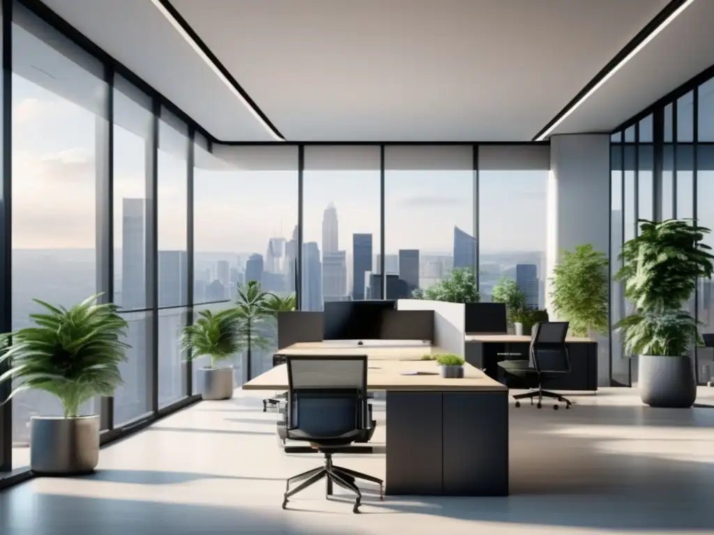 Oficina moderna con vista a la ciudad Oficina moderna con vista a la ciudad, diseño minimalista, mobiliario ergonómico y actividades de marketing de afiliados
