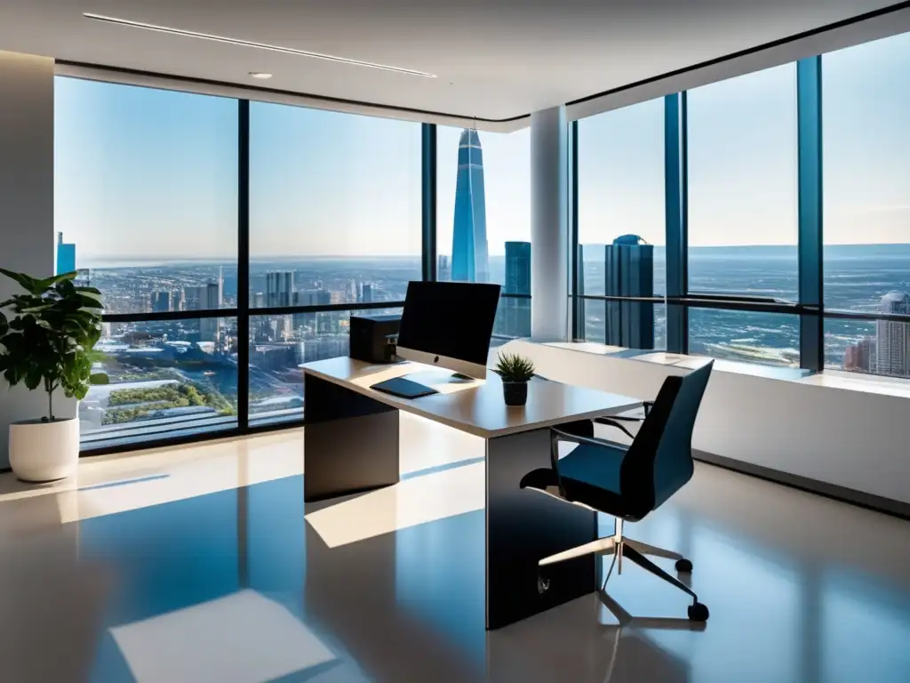 Oficina moderna con influenciadores y afiliados Espacio de oficina moderno con vista a la ciudad, diseño minimalista y colaboración de influencers en marketing de afiliados 2022